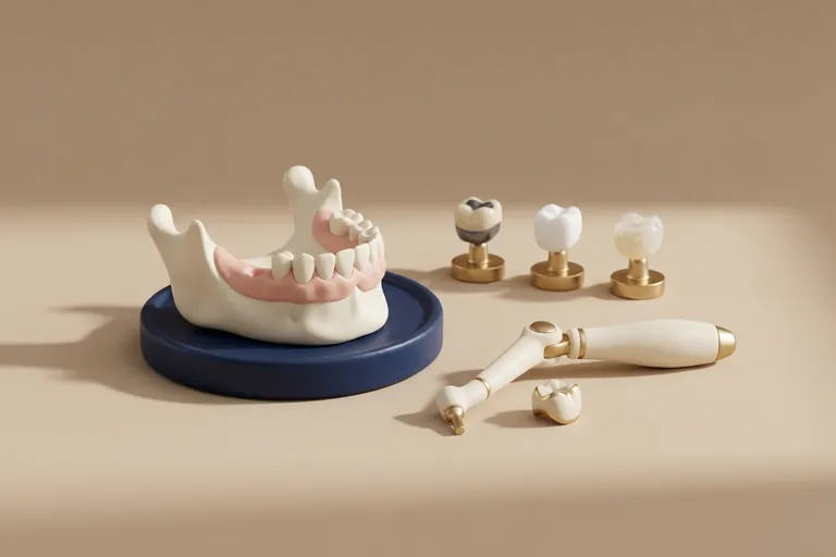Diorama in miniatura dei materiali delle corone: metallo-ceramica, zirconia, disilicato